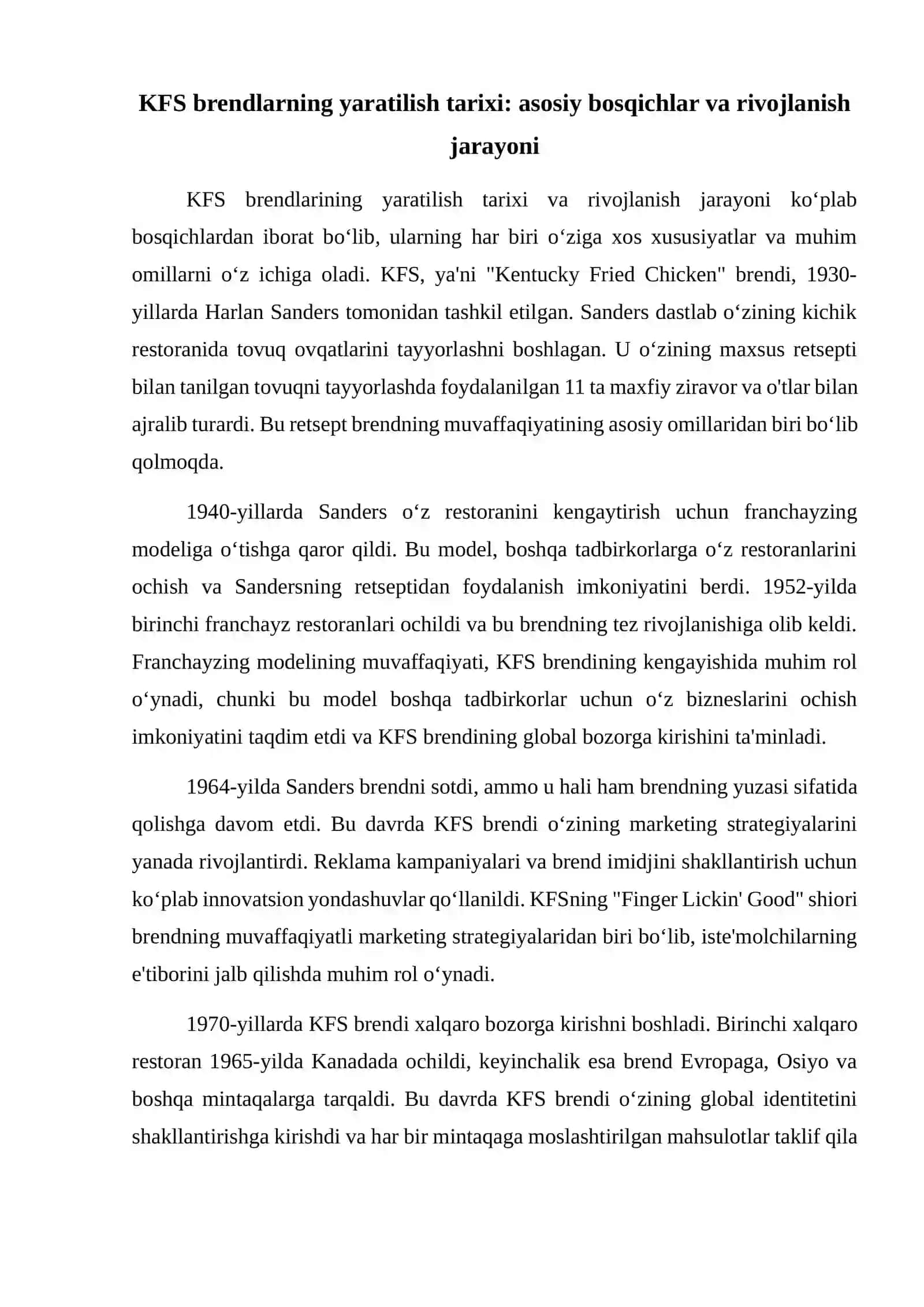 KFS brendlarning yaratilish tarixi va ularning muvofaqiyat omillari 2