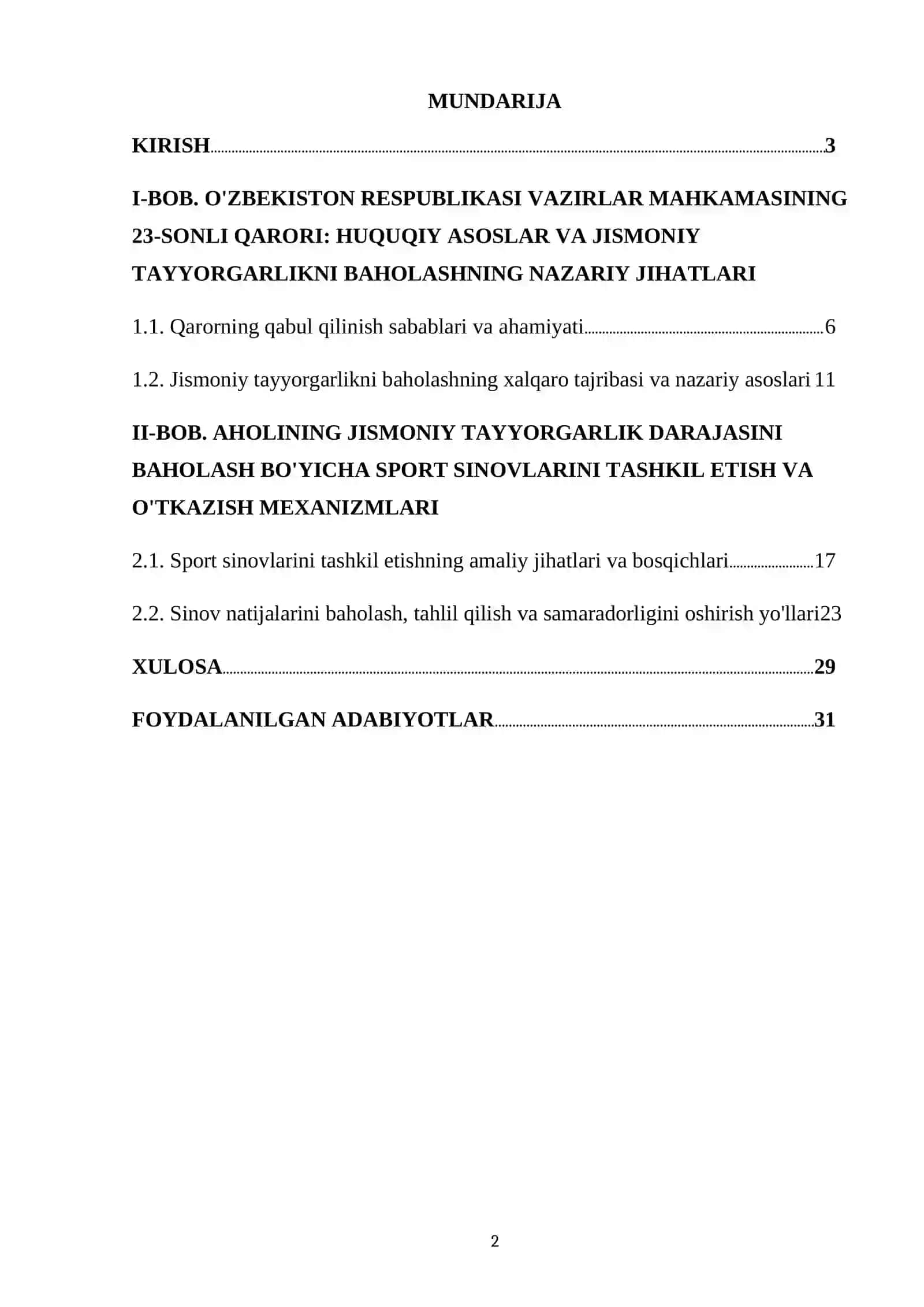 O'ZBEKISTON RESPUBLIKASI VAZIRLAR MAHKAMASINING QARORI. 15.01.2022 YILDAGI 23-SONLI QARORNI O'RGANISH. AHOLINING JISMONIY TAYYORGARLIK DARAJASINI BAHOLASH BO'YICHA SPORT SINOVLARINI TASHKIL ETISH VA O'TKAZISH 2