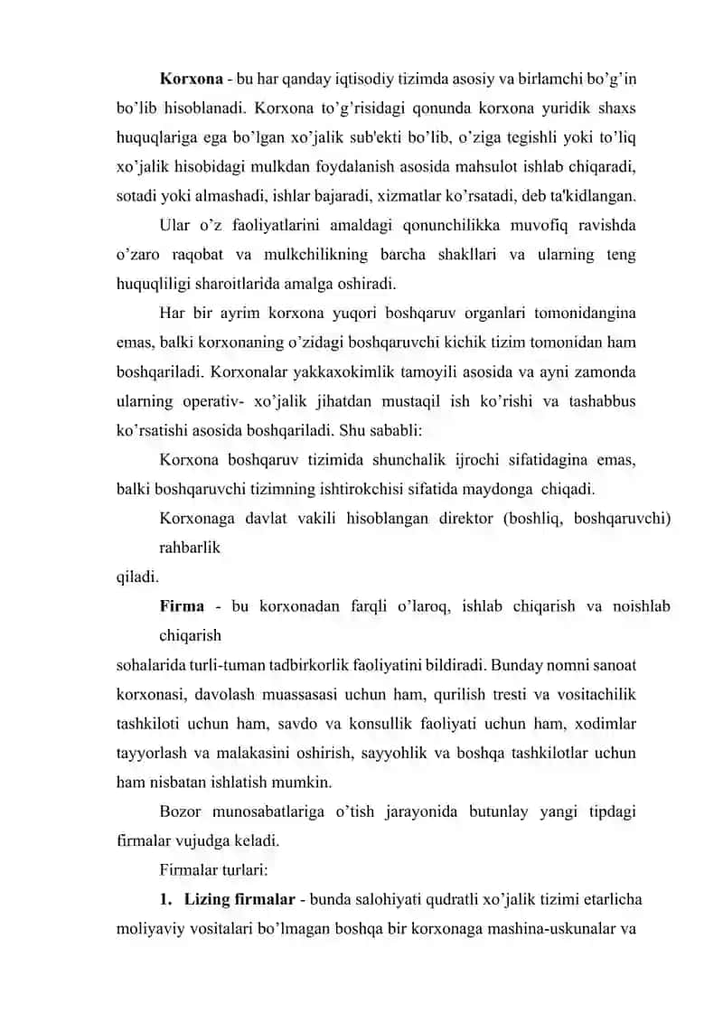 Bozor munosabatlariga o`tish jarayonida vujudga kelganyangi tipdagi korxona, firmalarning mohiyati va mazmuni 2