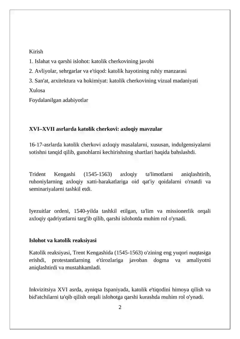 XVI – XVII asrlarda Katolik cherkovi. Vertuval matin 2