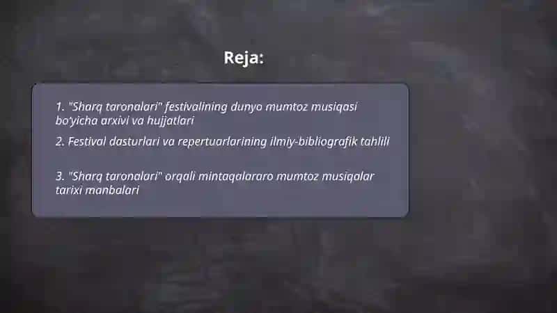 Sharq taronalari xalqaro musiqa festivali dunyo mumtoz musiqasining axborot manbasi sifatida 2