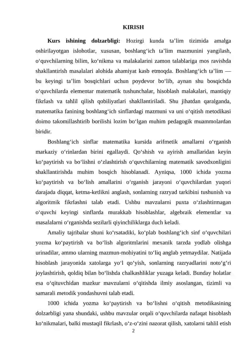1000 ichida yozma ko‘paytirish va bo‘lish mavzularini o‘qitish metodikasi 2