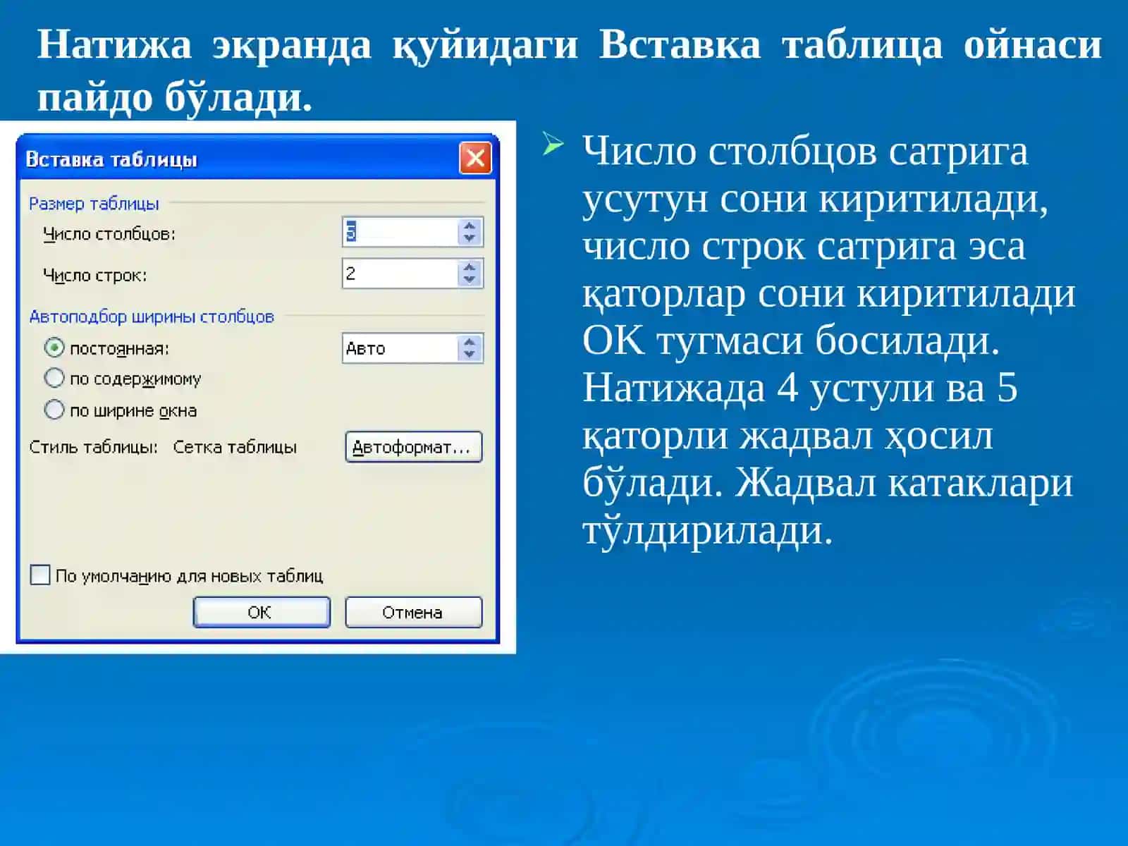 Жадваллар яратиш, улар устида ишлаш ва чоп этишга тайёрлаш 2