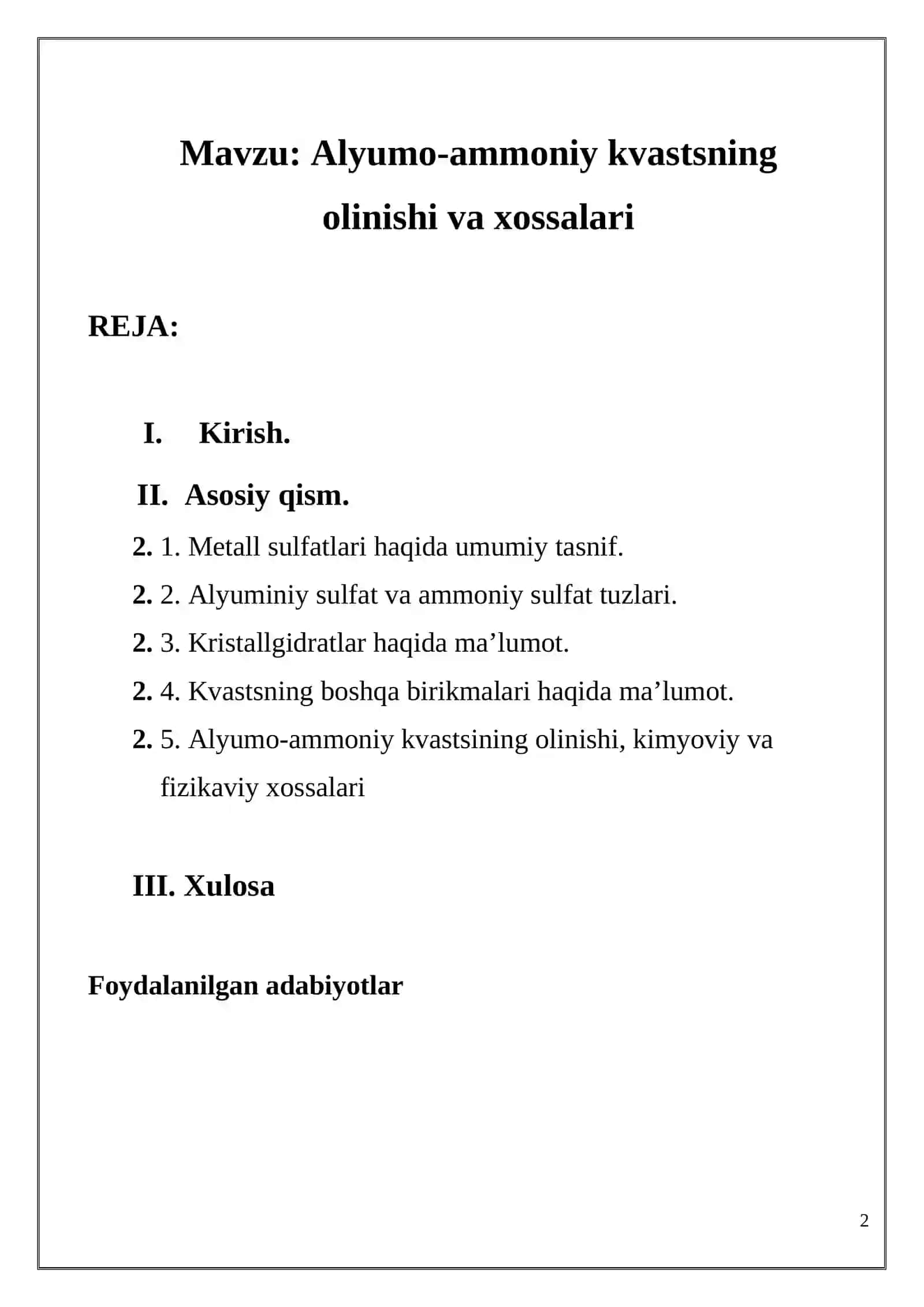 Alyumo-ammoniy kvastsning olinishi va xossalari 2