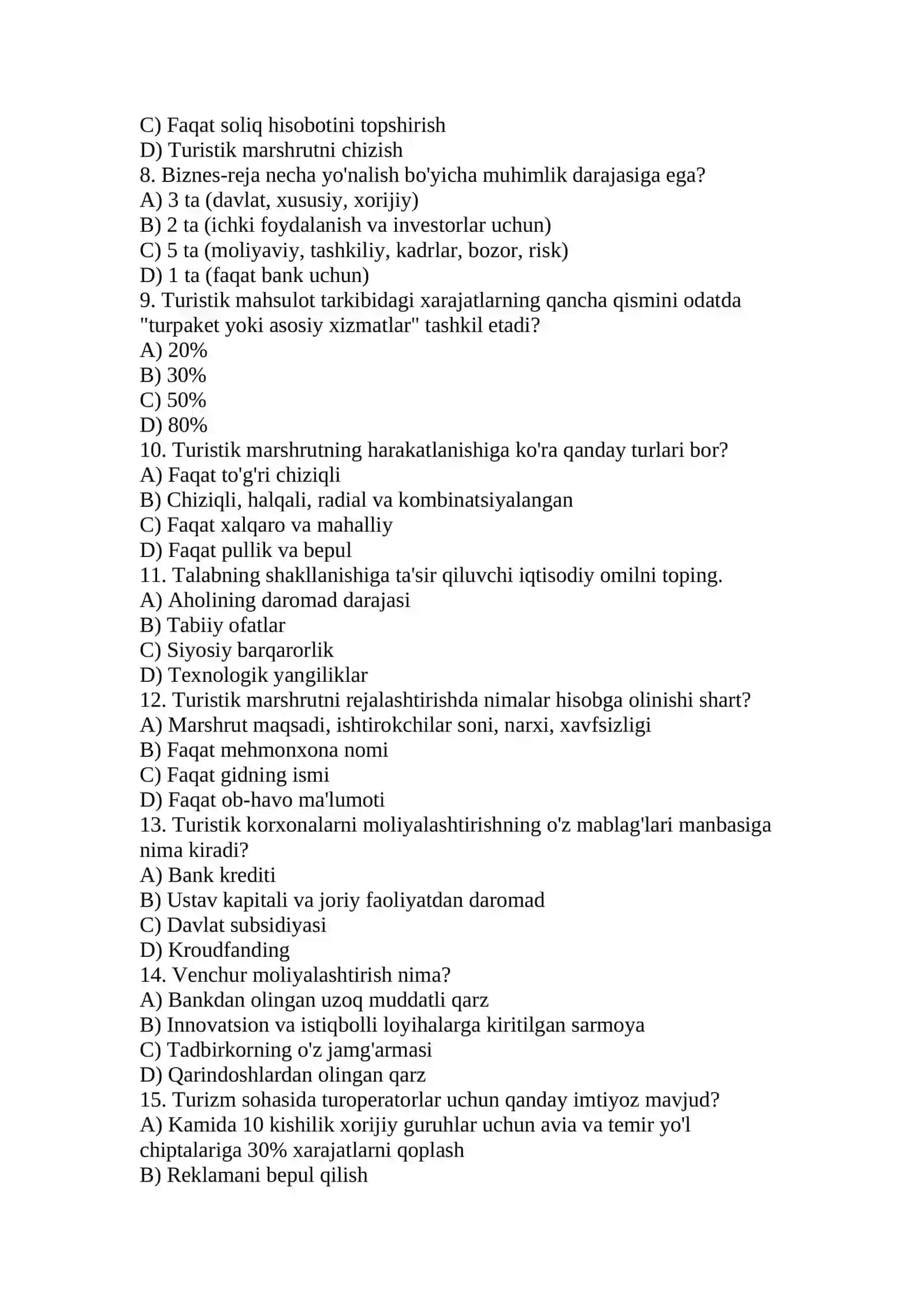GURUHI TALABASI RASHIDOVA NARGIZAXONNING TURIZMDA TADBIRKORLIK FANIDANTUZGAN TESTLARI 2