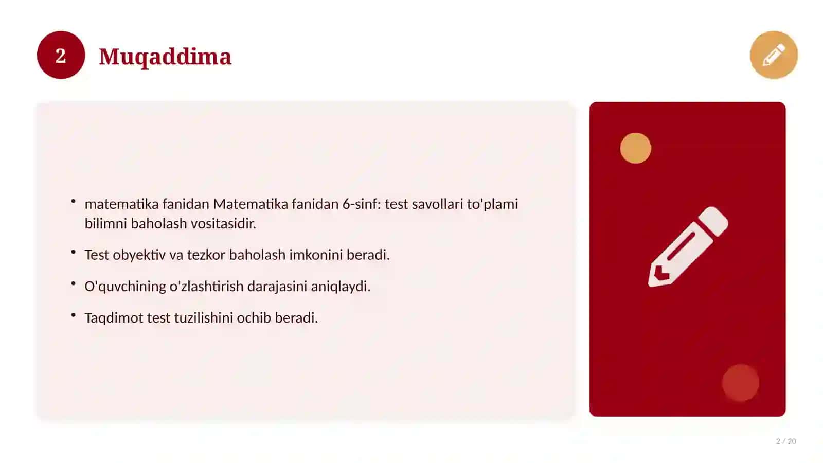 Matematika fanidan 6-sinf: test savollari to'plami 2