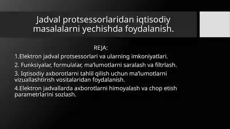 Elektron jadval protsessorlari va ularning iqtisodiy masalalarni yechish 2