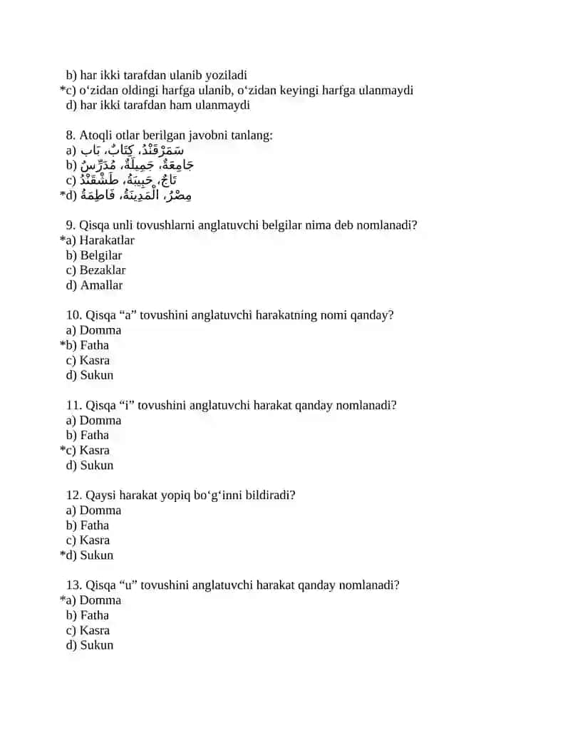Arab tili fanidan testlar 2