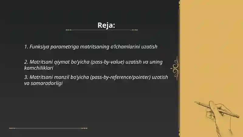 Matritsalarni funksiya parametrlari sifatida qo'llanilishi 2