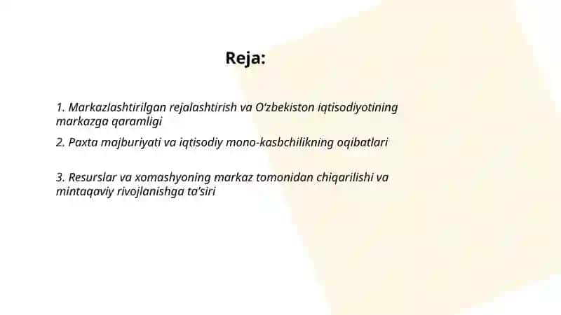 Sovet hukumronligi davrida Òzbekistonning markaziga ijtimoiy siyosiy va iqtisodiy qaramligi va uning oqibatlari 2