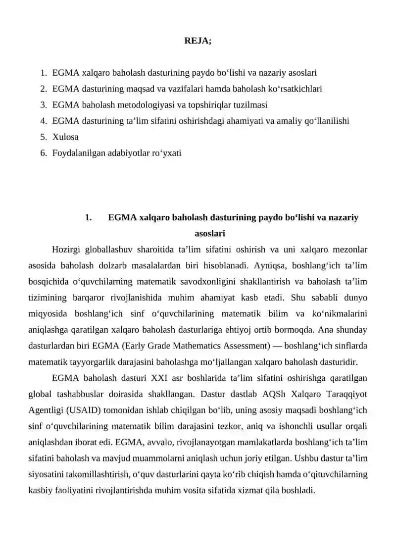 EGMA xalqaro baholash dasturi mazmun mohiyati 2