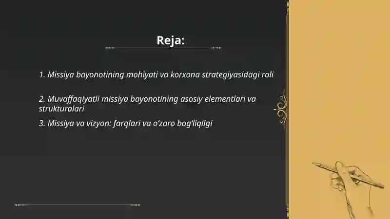 Missiya bayonotining mohiyati va korxona strategiyasidagi roli 2
