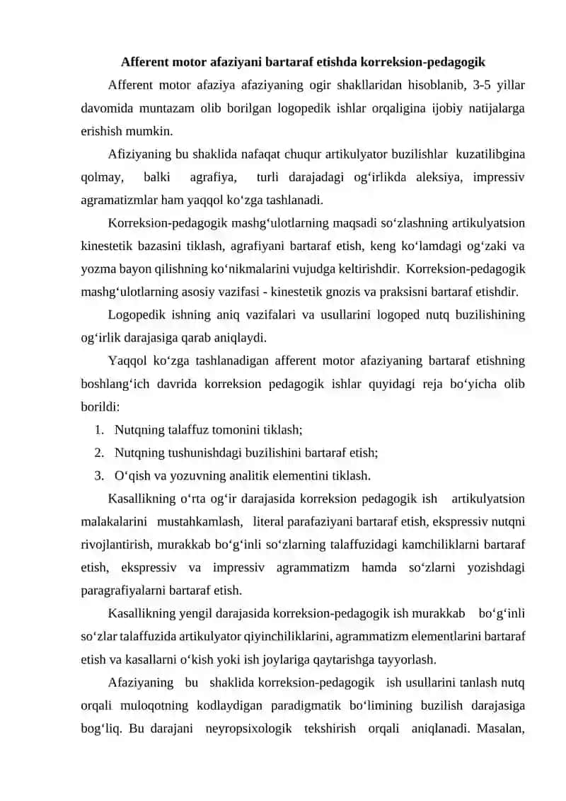 Afferent motor afaziyani bartaraf etishda korreksion-pedagogik ishlar 2