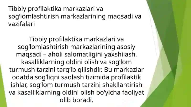 Tibbiy profilaktika markazlari va So'g'lomlashtirish markazlarining maqsadi va vazifalari 2