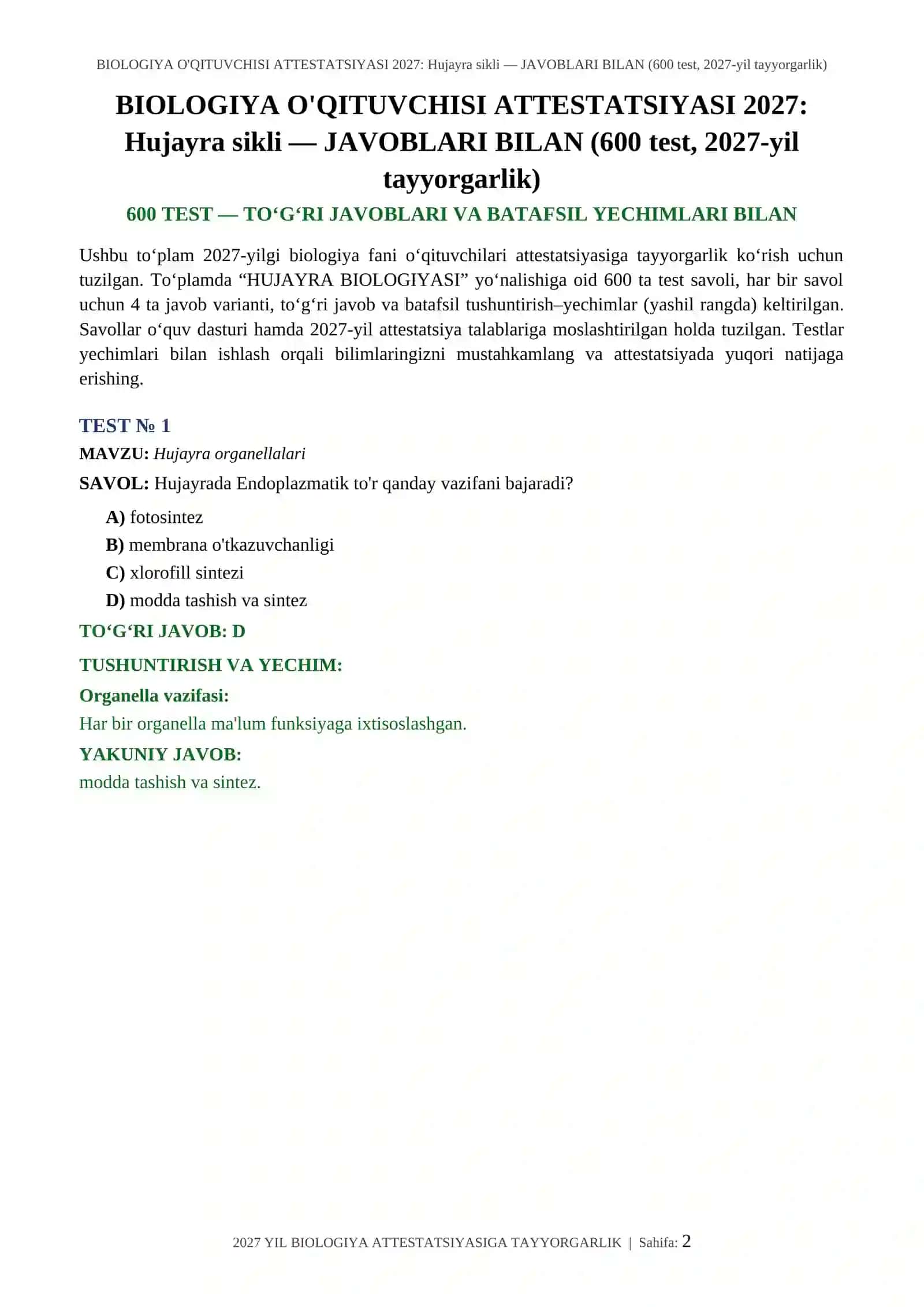 BIOLOGIYA O'QITUVCHISI ATTESTATSIYASI 2027: Hujayra sikli 2