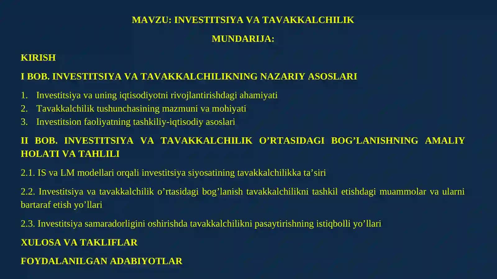 INVESTITSIYA VA TAVAKKALCHILIK 2
