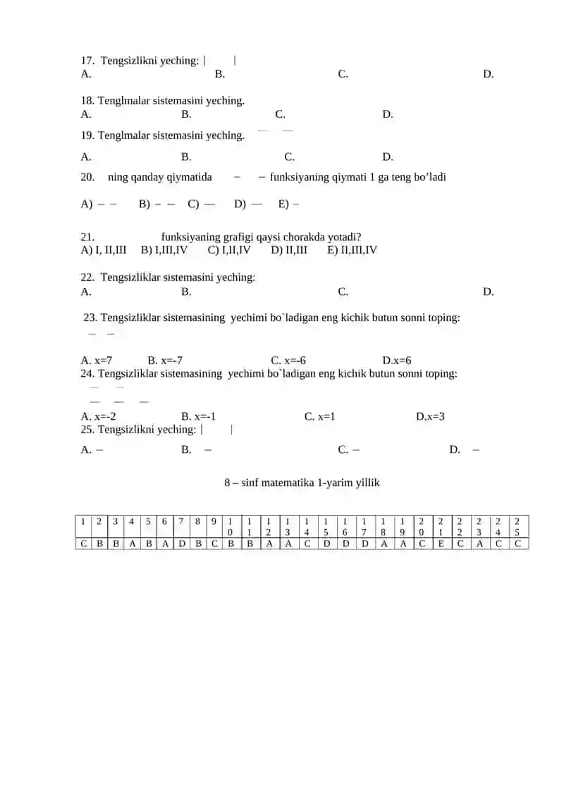 8-sinf. MATEMATIKA. 1-yarim yillik test savollari 2