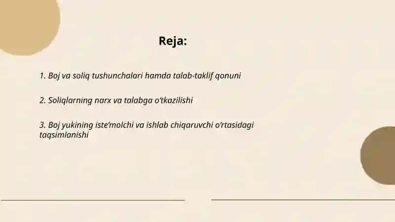 Boj va soliq tõlovlarining talab va taklif qonuniga asosan òzgarishi 2