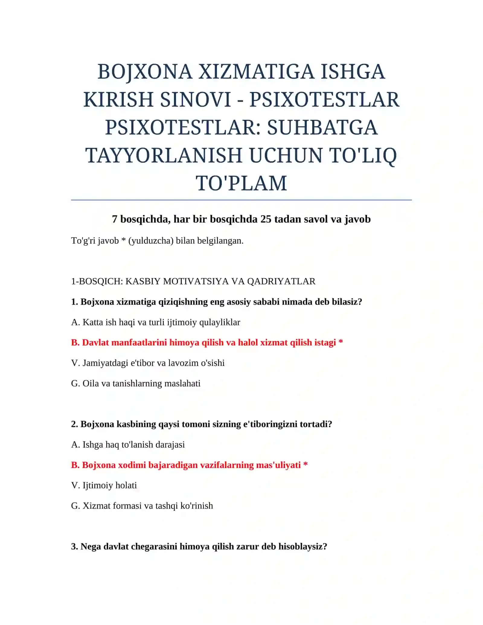 PSIXOTESTLAR: SUHBATGA TAYYORLANISH UCHUN TO'LIQ TO'PLAM 2
