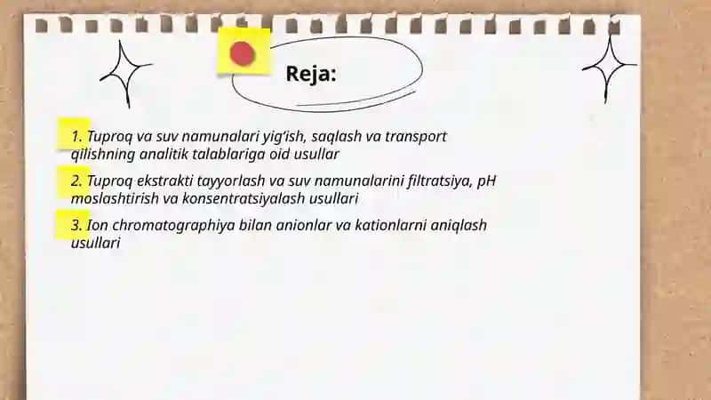 Tuproq va suvning ifloslanishida ion bogʻlanishli birikmalarni aniqlash 2