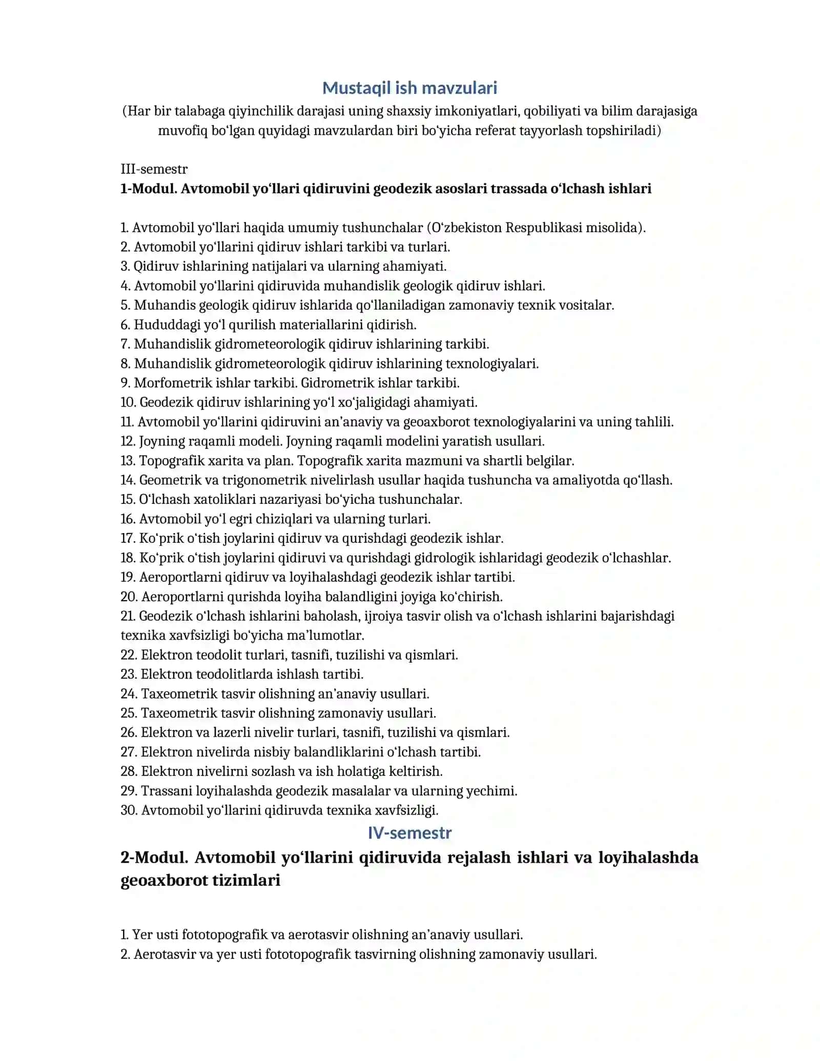 Avtomobil yo‘llari qidiruvining geodezik asoslari trassada o‘lchash ishlari 2