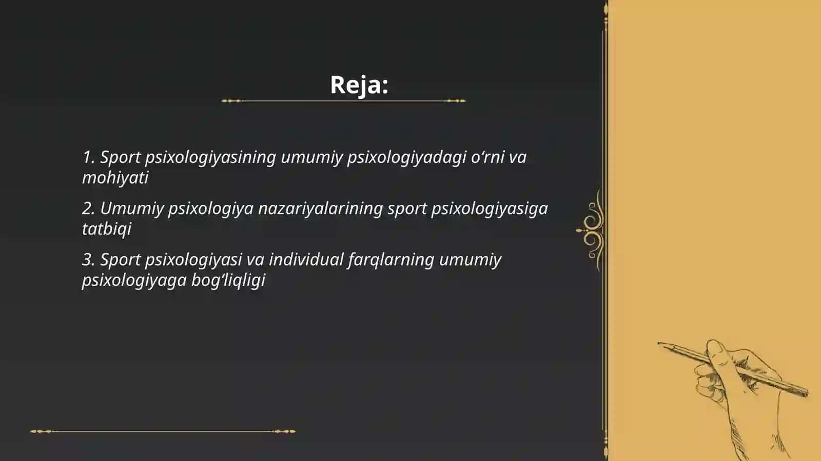 Sport psixologiyasi fani umumiy psixologiya fanining tarmogʻi amaliy sohasi ekanligi hamda sportning nazariy amaliyoti bilan bogʻliqligi 2