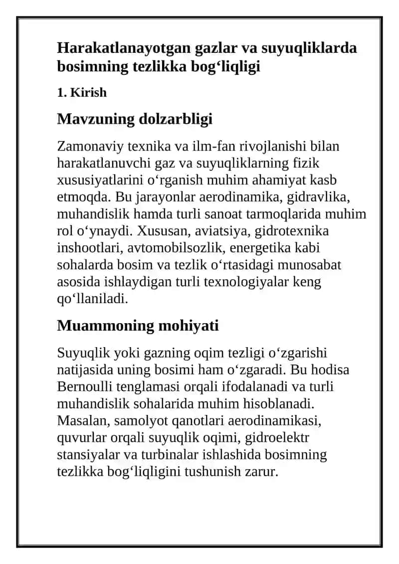 Harakatlanayotgan gazlar va suyuqliklarda bosimning tezlikka bog‘liqligi 2