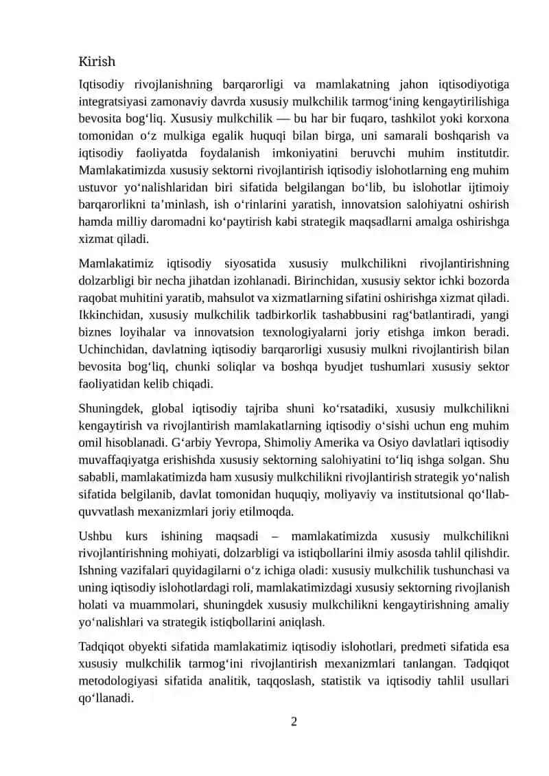 XUSUSIY MULKCHILIK TARMOG‘INI KENGAYTIRISH MAMLAKATIMIZDA IQTISODIY ISLOHOTLARNI CHUQURLASHTIRISHNING ENG MUHIM USTUVOR YO‘NALISHLARIDAN BIRI 2