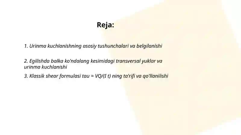 Egilishda balka ko'ndalang kesimidagi urinma kuchlanishlarni aniqlash 2