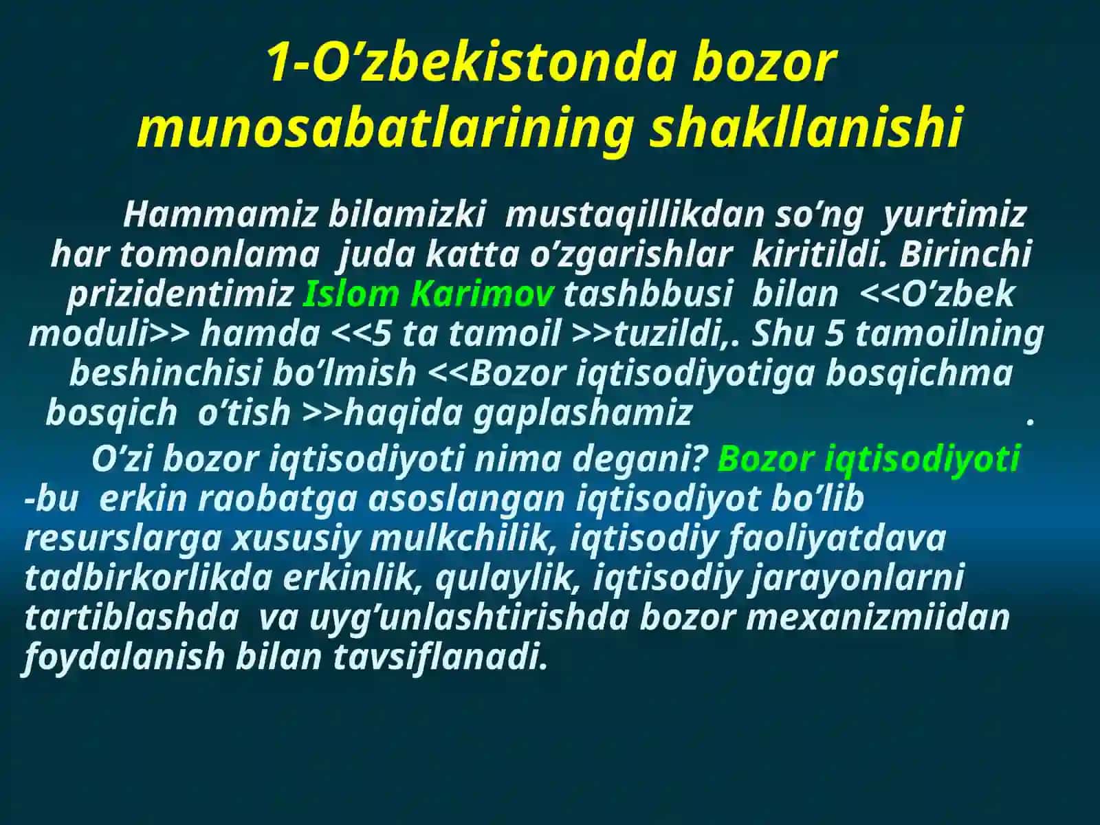 Mustaqil O’zbekistonda bozor munosabatlariga asoslangan iqtisodiy siyosat mazmuni,demokratik asoslari 2