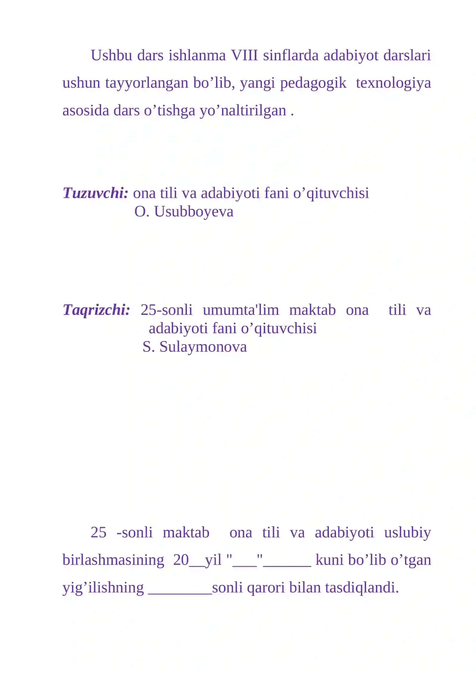 8-sinf Adabiyot fanidan Muhammad Yusuf hayoti va ijodi dars ishlanma 2