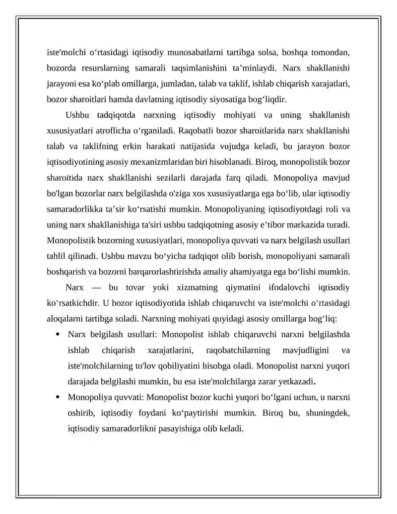 Narxning mohiyati va shakilanish xususyatlari va manopoliya 2
