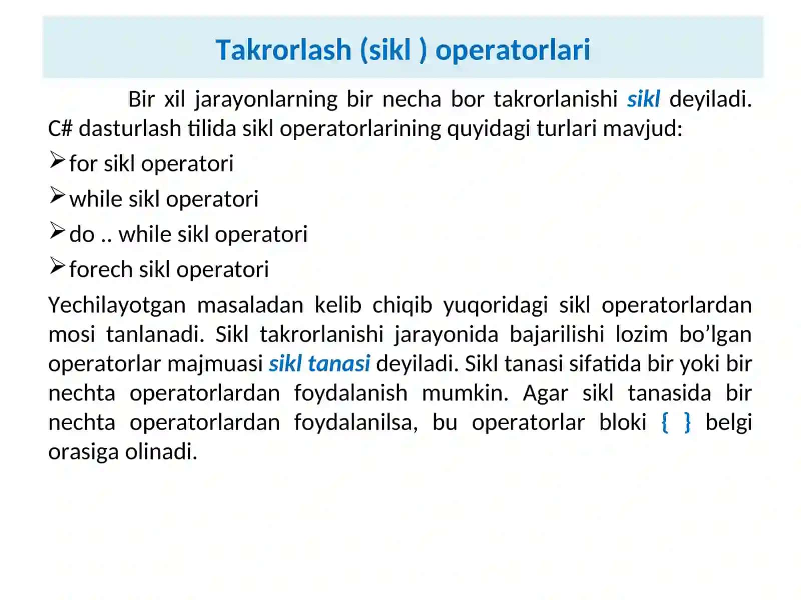 TAKRORLASH OPERATORLARI 2