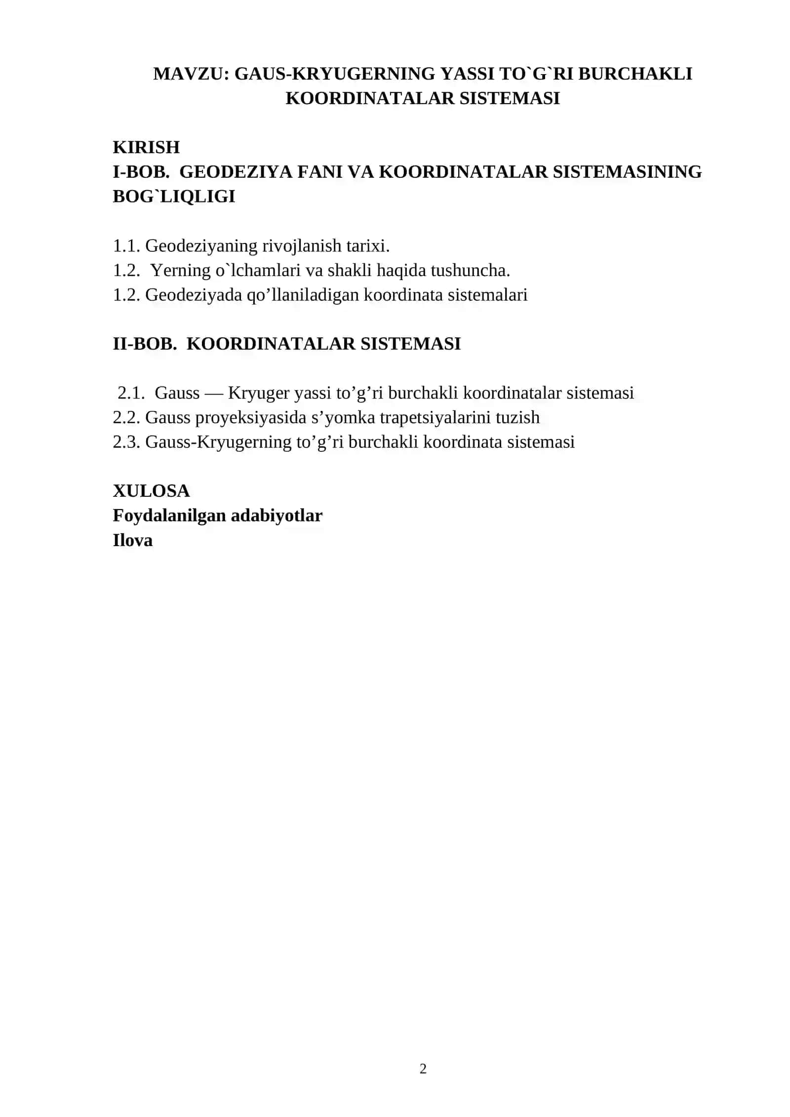 GAUS-KRYUGERNING YASSI TO`G`RI BURCHAKLI KOORDINATALAR SISTEMASI 2