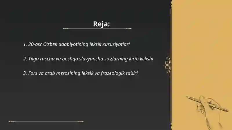 20 asr O'zbek adabiyotinng til xususiyatlari 2