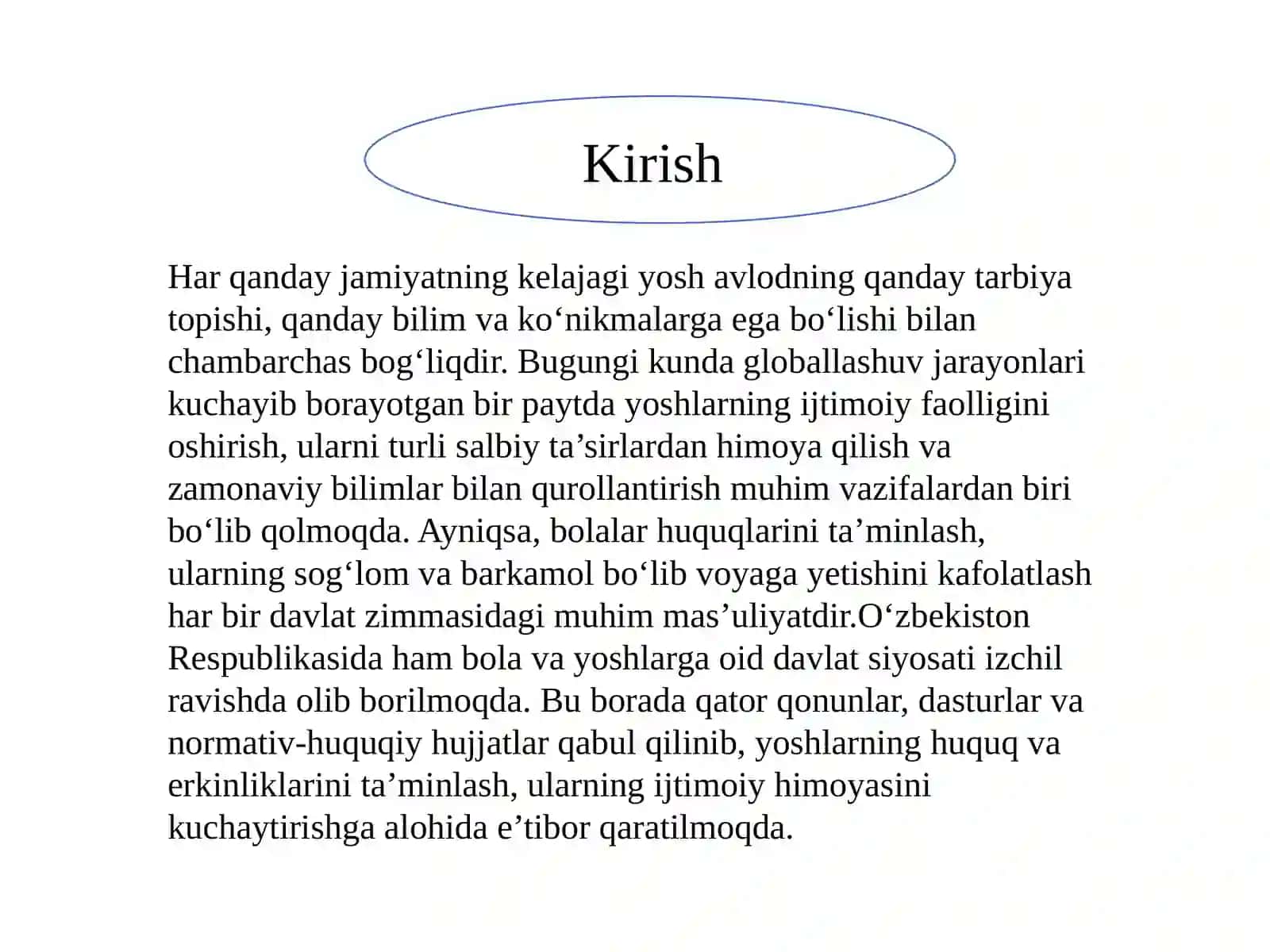 Bolalar va yoshlarni huquqlarini himoya qilishga qaratilgan milliy qonunchilik. 2