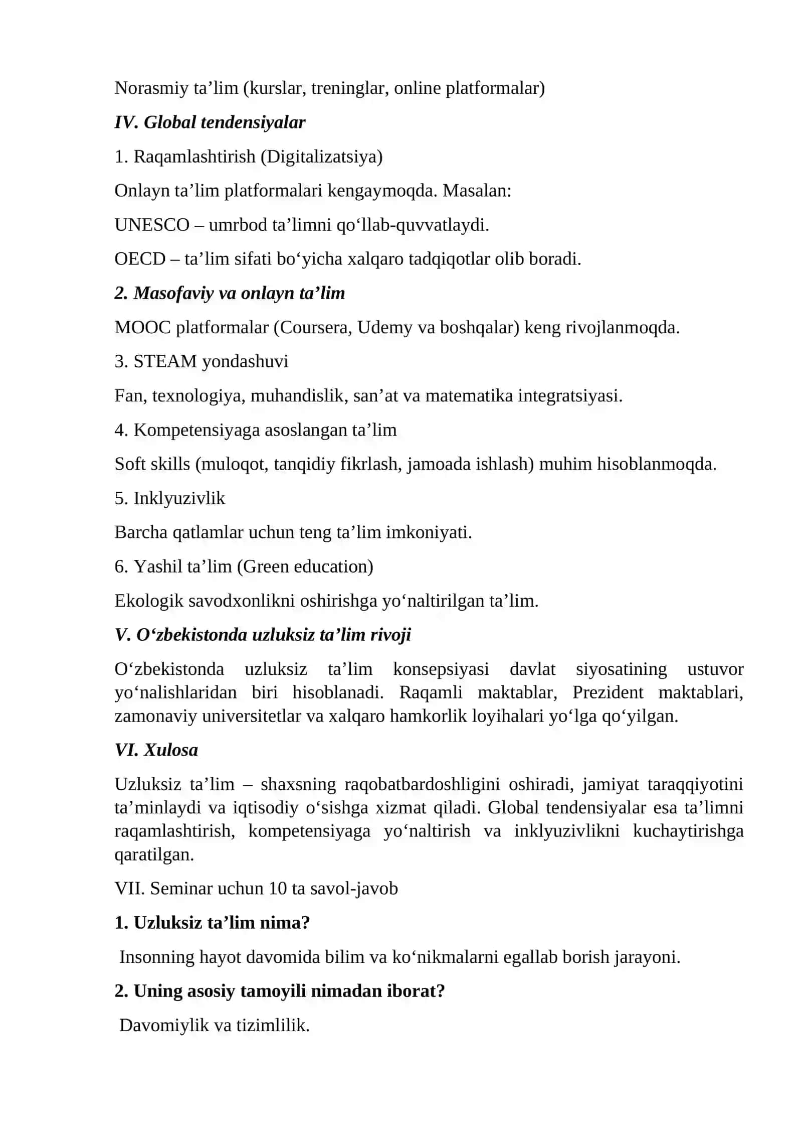 Uzluksiz ta'lim tamoyillari va global tendensiyalar 2