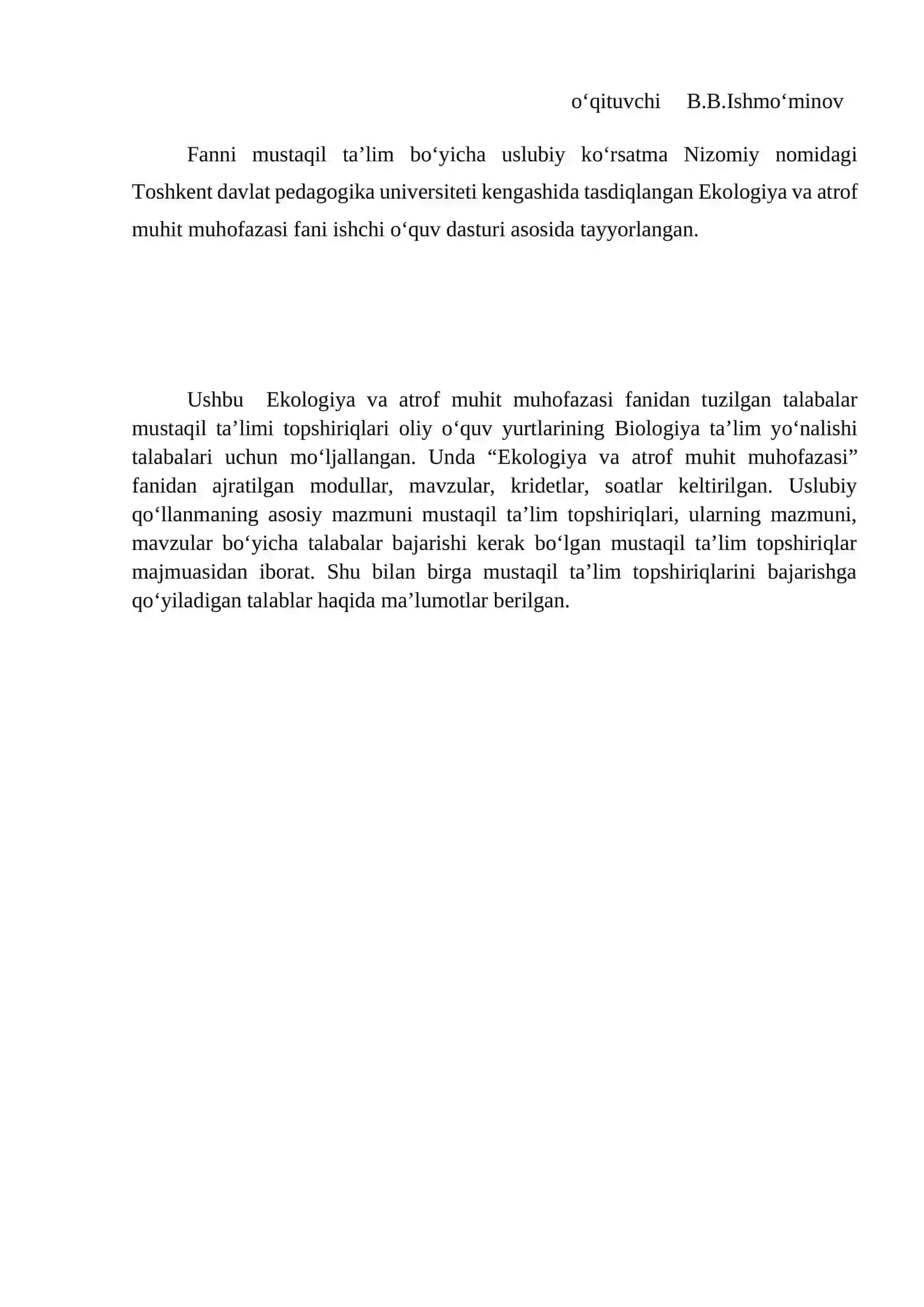 Ekologiya va atrof muhit muhofazasi fani ishchi о‘quv dasturi 2