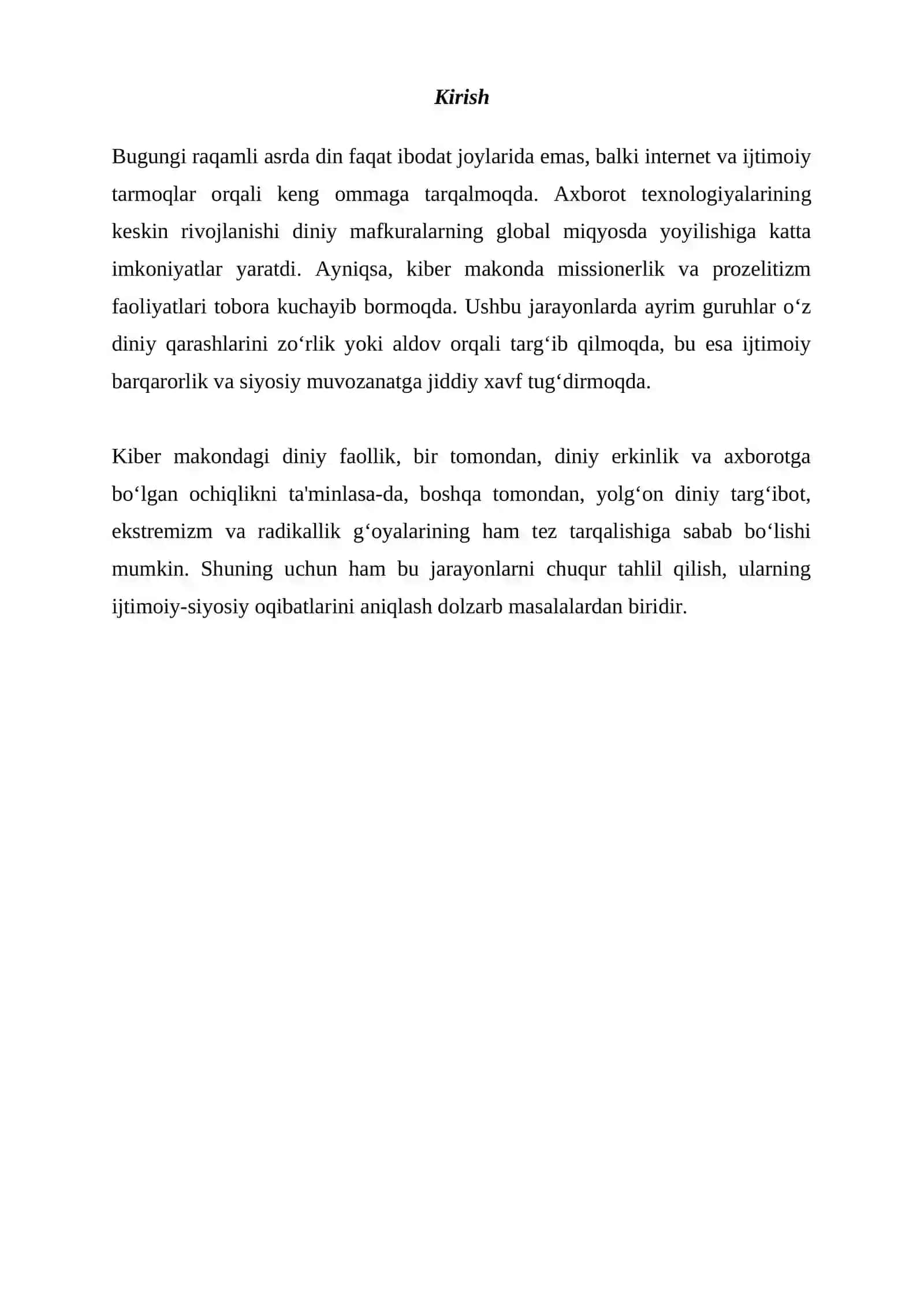 Kiber makonda din. Missionerlik va prozelitizmning ijtimoiy- siyosiy xavfi 2