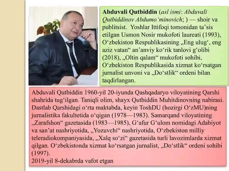 Zamonaviy o'zbek shoirlari asarlarini sharhlab berish.(Abduvali Qutbiddin, Tursun Ali, Iqbol Mirzo, Sirojiddin Sayid) 2