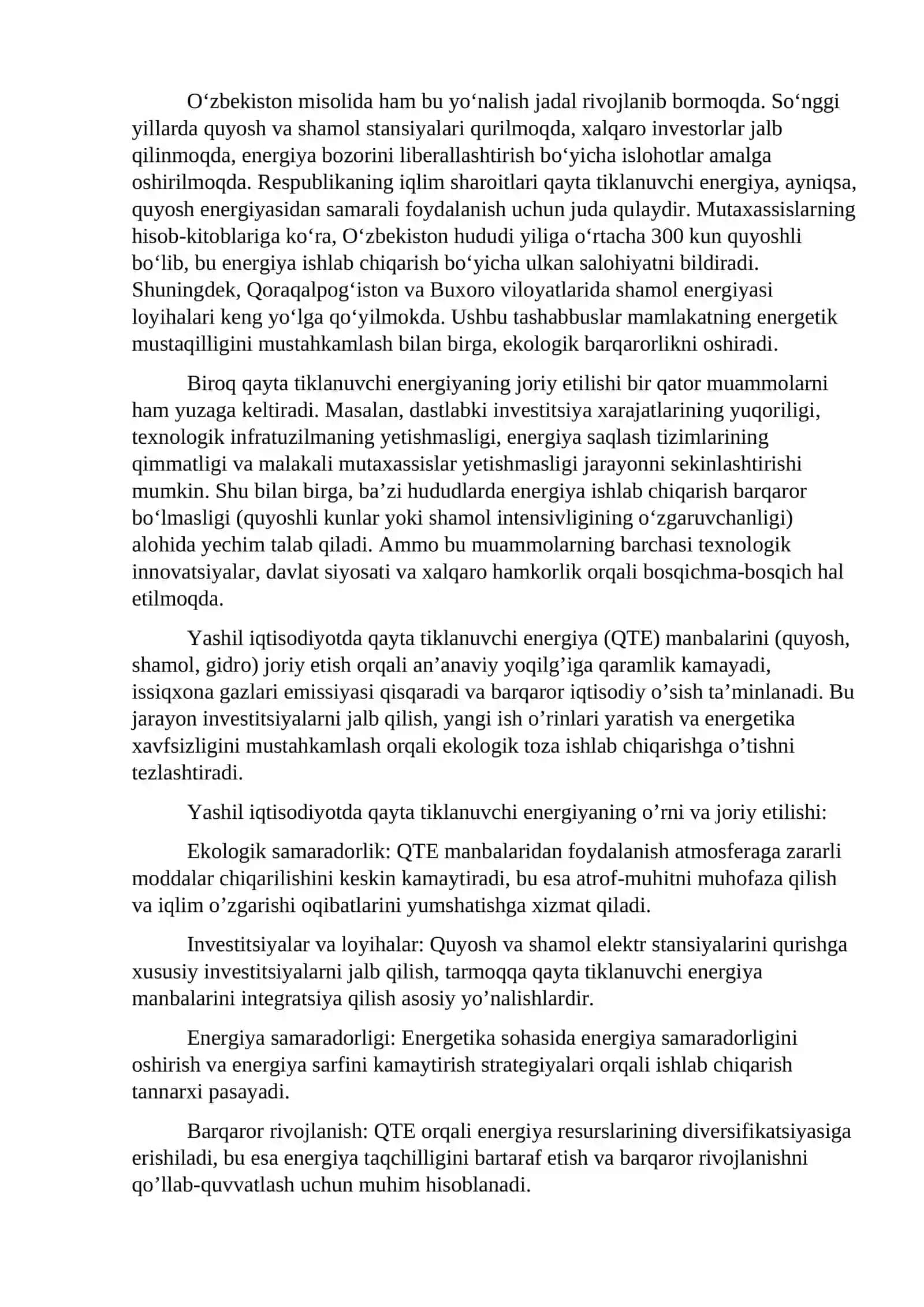 Yashil iqtisodiyotda qayta tiklanuvchi energiyaning joriy etilishi 2