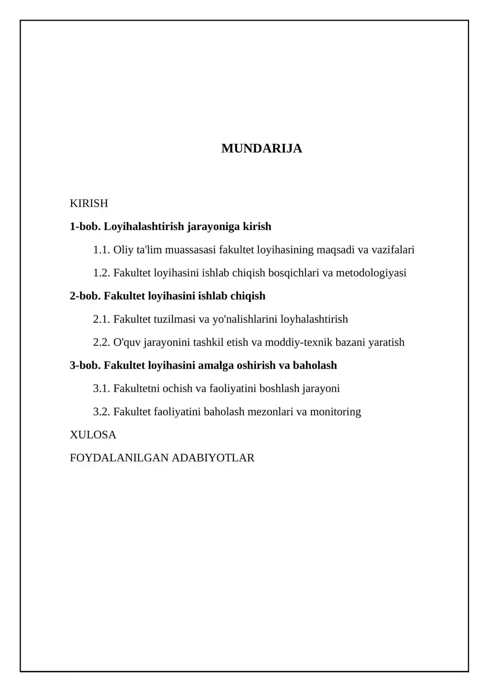 Oliy ta'lim muassasining fakultet loyihasini loyhalashtirish va ishlab chiqish 2