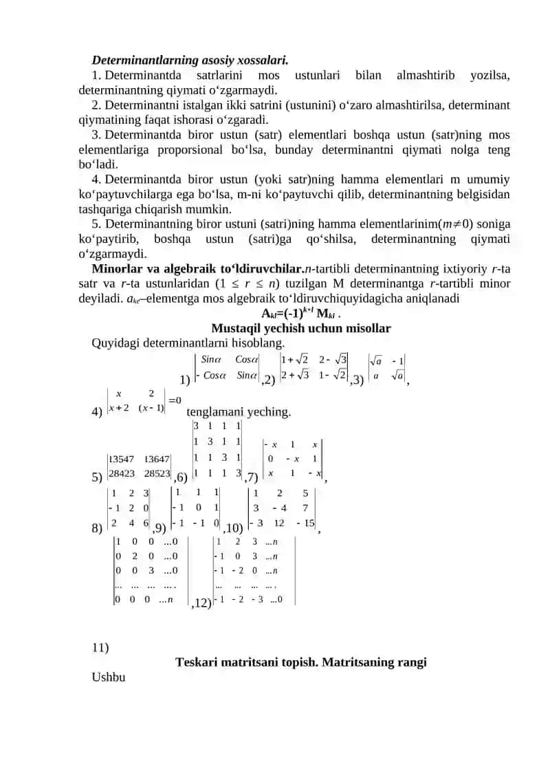 Determinantlarni hisoblash qoidalari 2