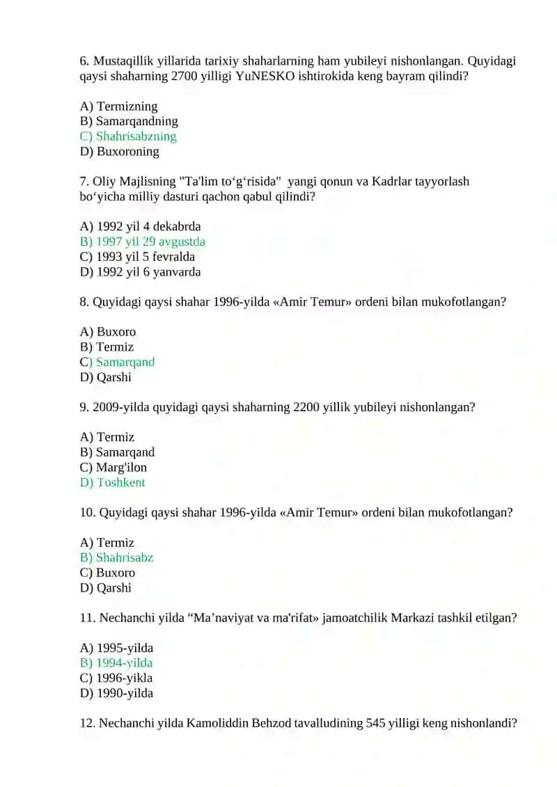 Mustaqillik yillarida O‘zbekistondagi ma’naviy va madaniy taraqqiyot. test savollari 2