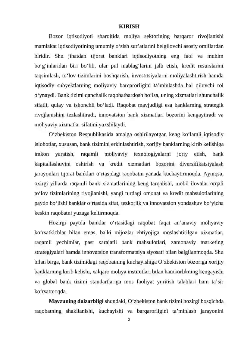 Yurtimizda tijorat banklari o‘rtasida raqobat va uning hozirgi holati tahlili 2