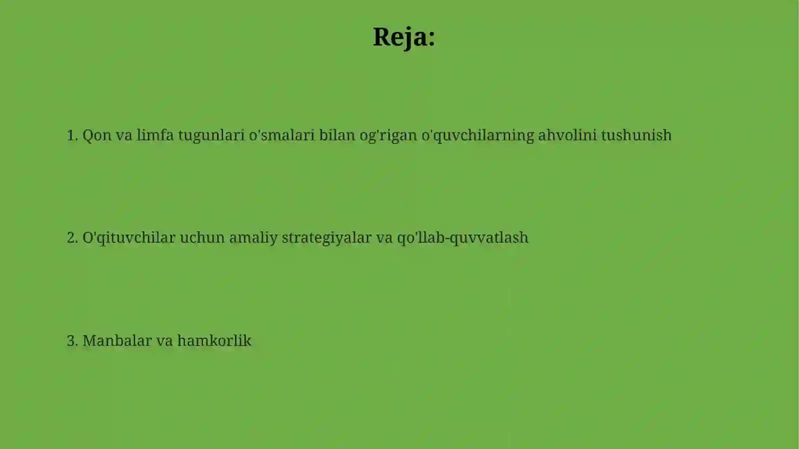 Qon va limfa tugunlari oʻsmalari bilanoʻgʻriganoʻquvchilarbilanishlashmashgʻulotlari 2