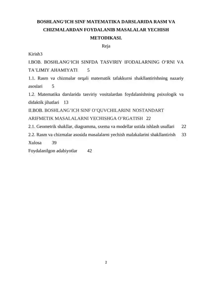 BOSHLANGʻICH SINF MATEMATIKA DARSLARIDA RASM VA CHIZMALARDAN FOYDALANIB MASALALAR YECHISH METODIKASI. 2
