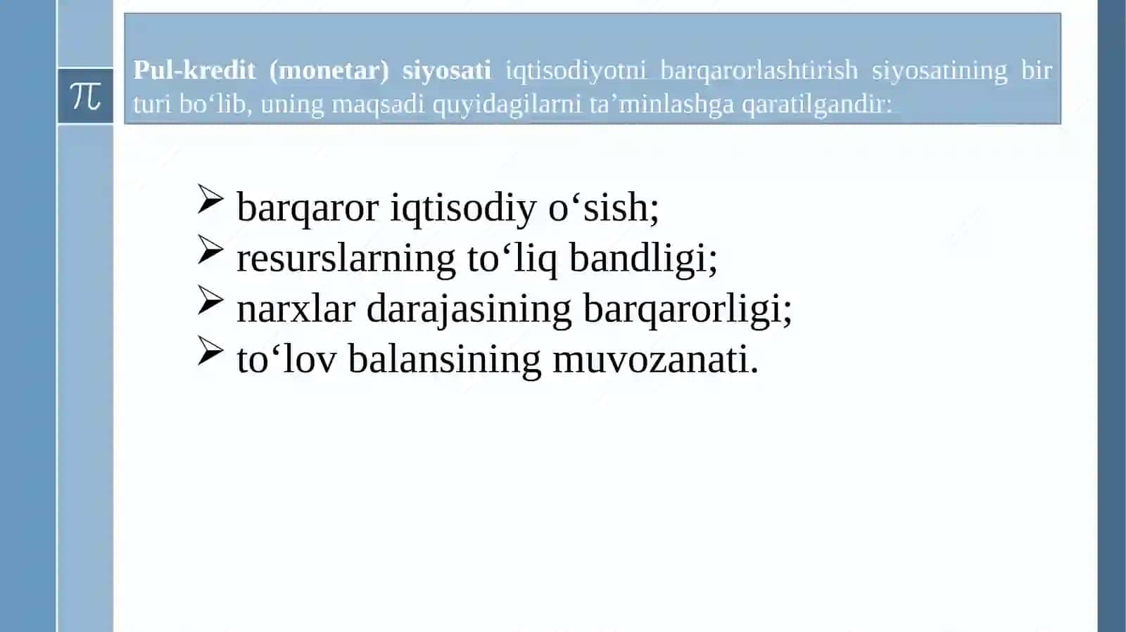 Moliya tizimi va Pul-kredit  siyosati Pul muomalasi. Kredit  tizimi va banklar Iqtisodiyotni tartibga solishda  davlatning roli 2
