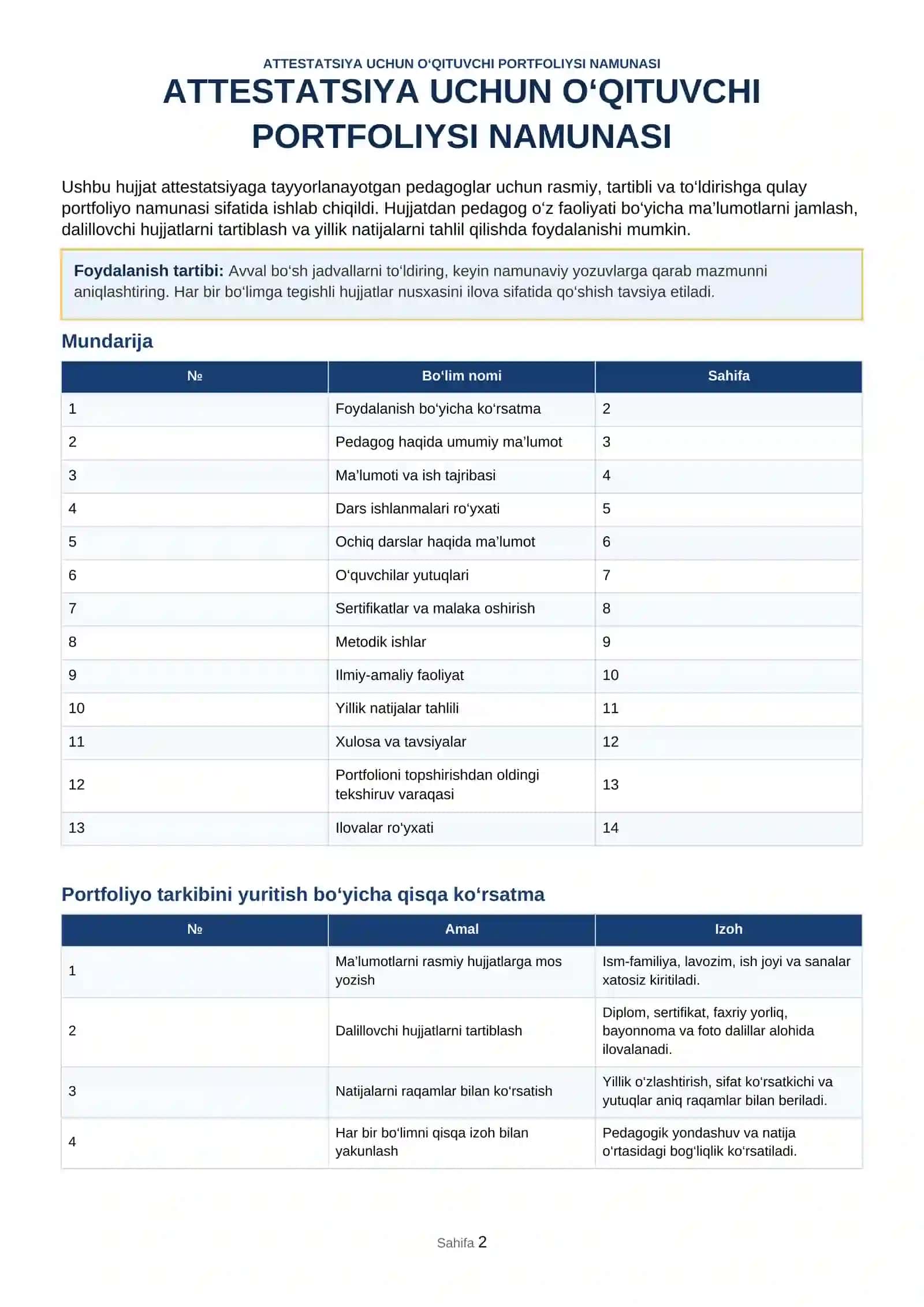 ATTESTATSIYA UCHUN O‘QITUVCHI PORTFOLIYSI NAMUNASI 2