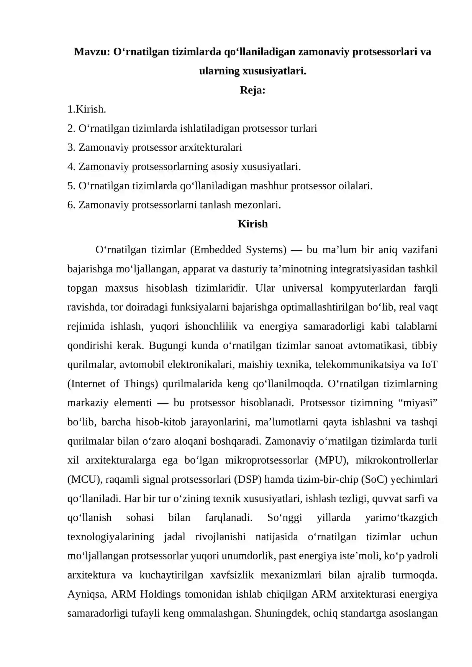 O‘rnatilgan tizimlarda qo‘llaniladigan zamonaviy protsessorlari va ularning xususiyatlari 2